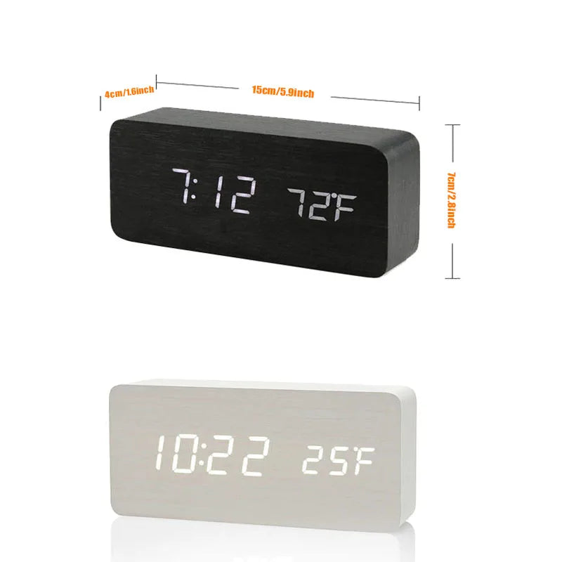 Wood-Look Digital LED Alarm Clock with Temperature Display