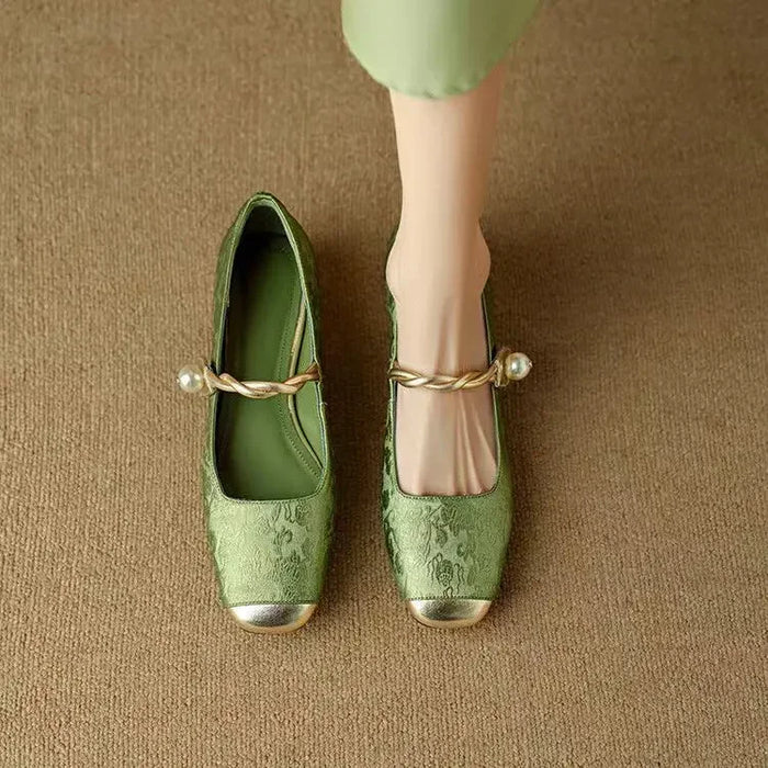 Women's Mary Jane Shoes Pearl Strap Low Block Heel