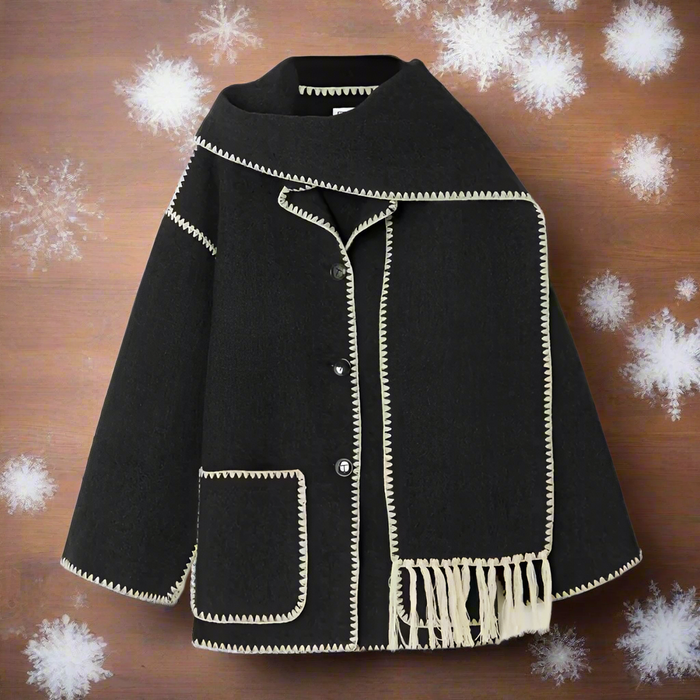 Manteau pour femme à col large avec surpiqûres contrastantes et écharpe