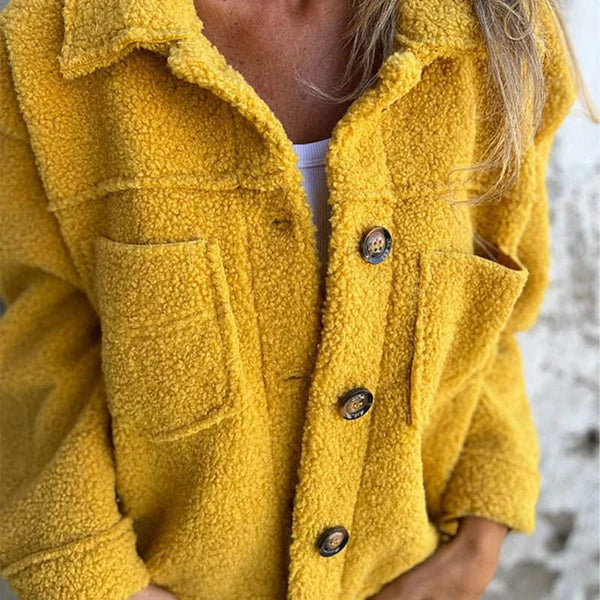 Women's Short Teddy Jacket with Lapel Collar and Button Front