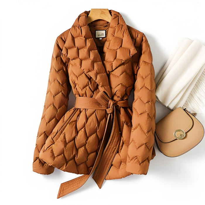 Women's Quilted Belted Puffer Jacket with Fitted Waist