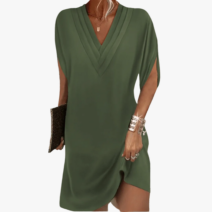 Abito midi da donna con scollo a V, spacchi sulle maniche e drappeggio
